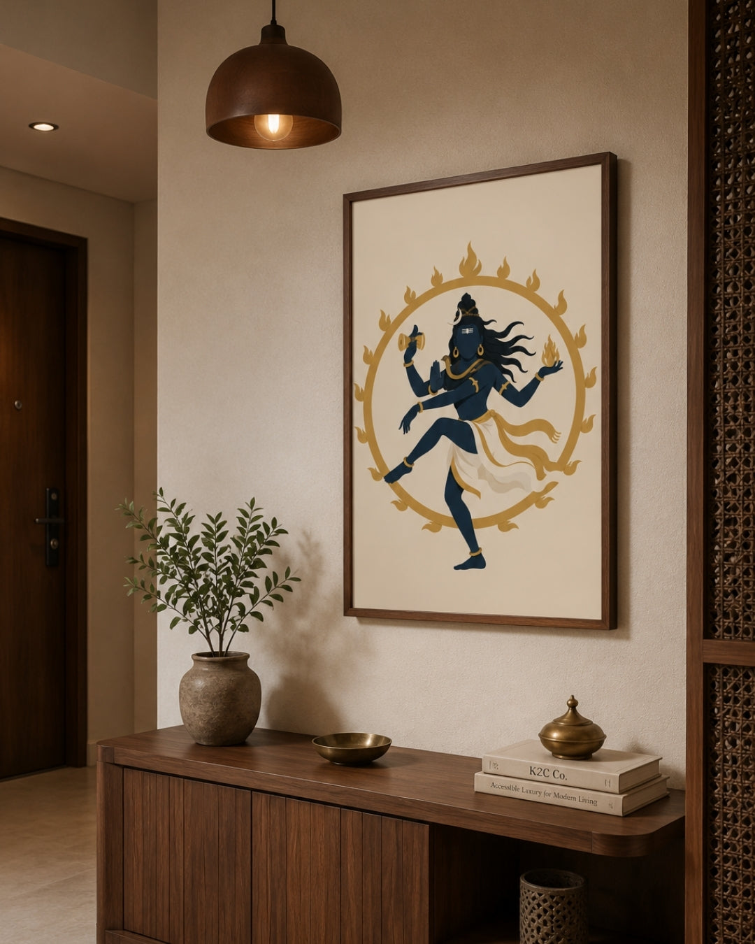 Lifestyle mockup of the minimalist Hindu deity Lord Nataraja wall art in a rich walnut wood frame, perfectly centered above a mid-century modern dark wood cabinet in a contemporary hallway.