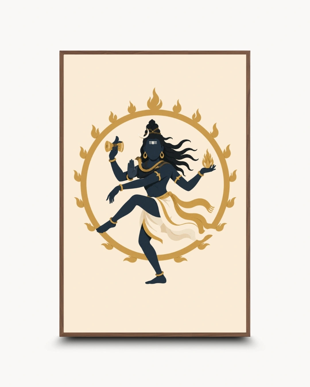 Minimalist illustration of the Hindu deity Lord Nataraja performing the cosmic dance, presented as a modern wall art piece in a rich walnut wood frame.