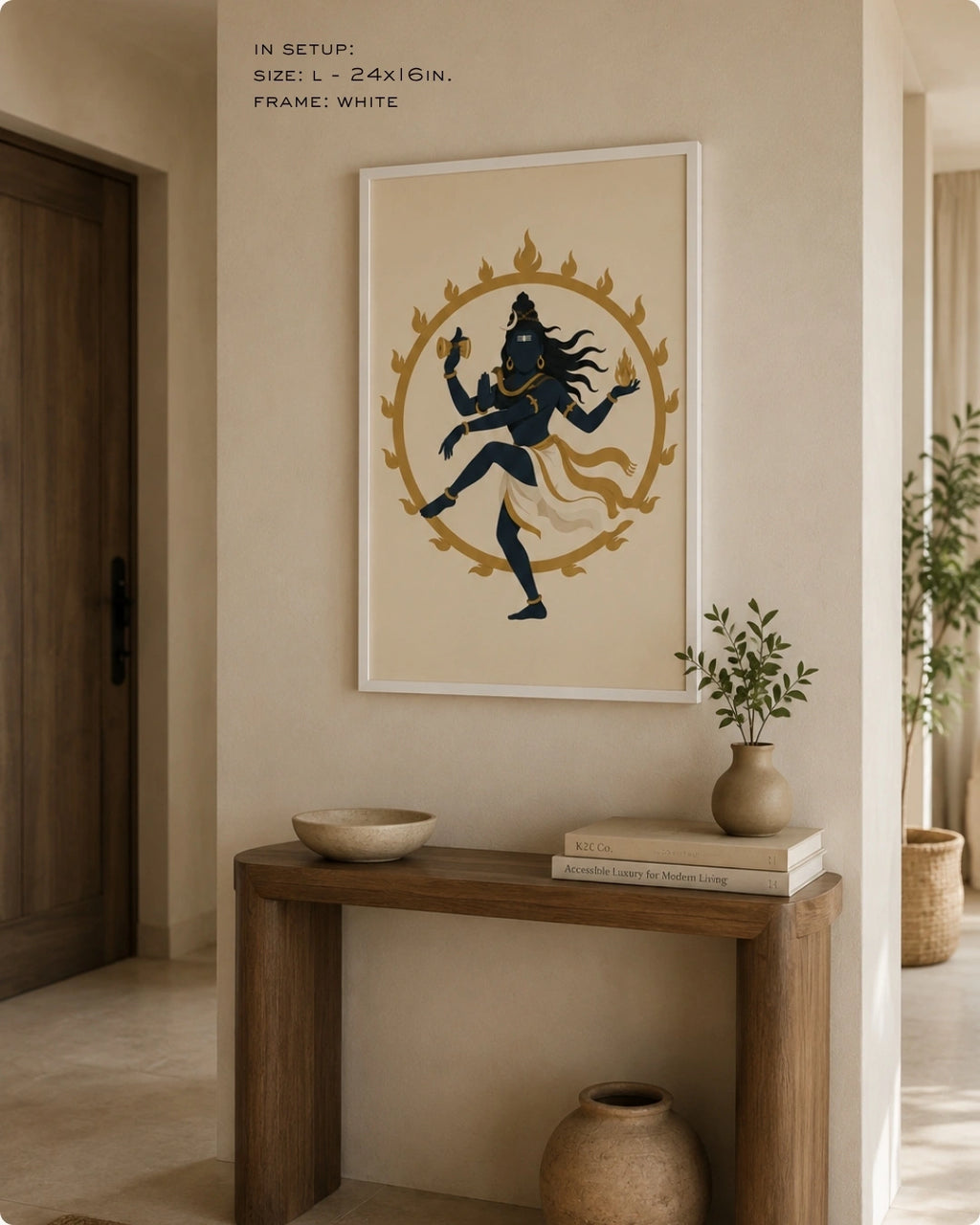 Lifestyle mockup of the minimalist Hindu deity Lord Nataraja wall art in a clean white frame, styled above a sleek minimalist wooden bench in a serene Japandi-inspired space.