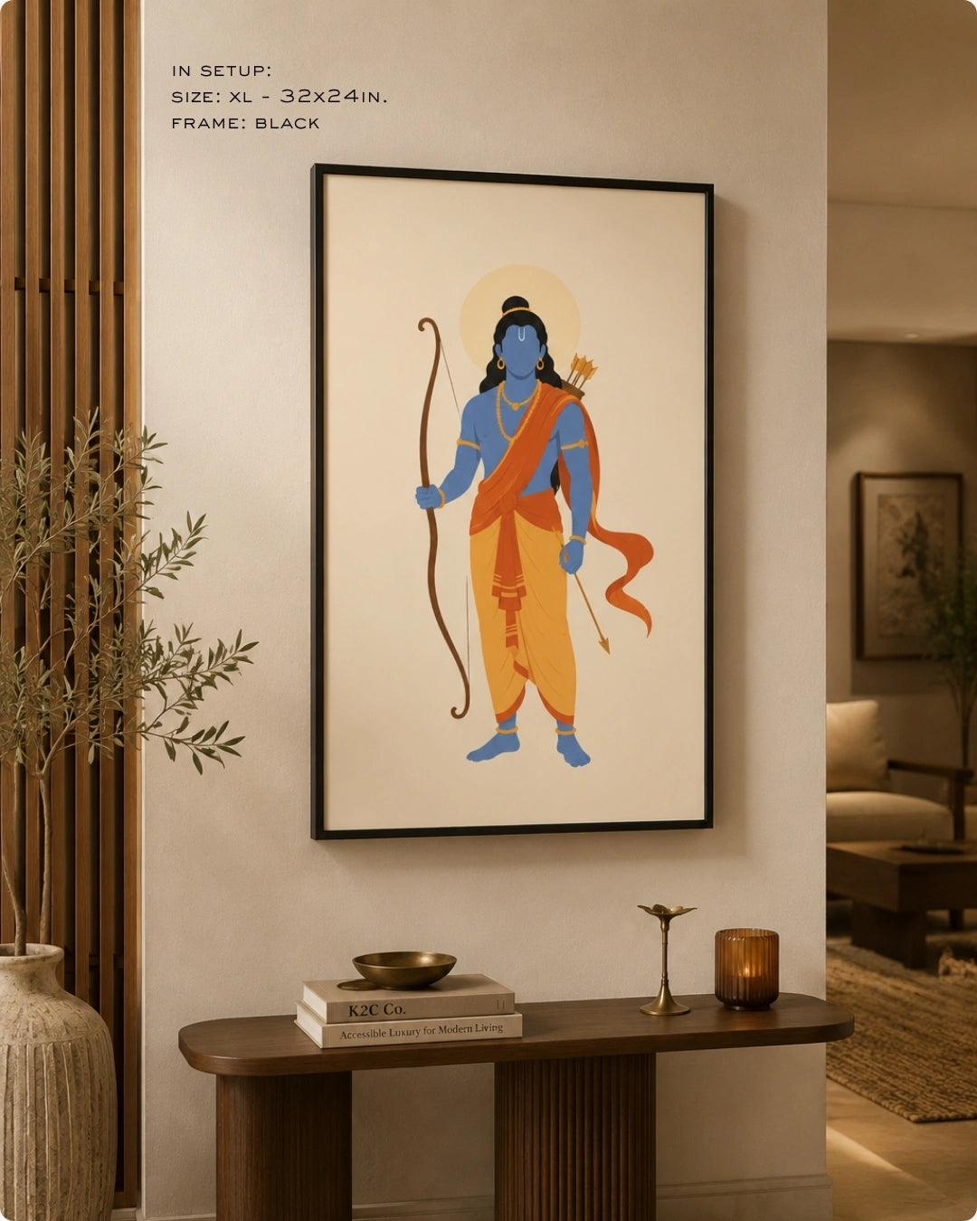 Lifestyle mockup of the minimalist Hindu deity Lord Rama wall art in a sleek black frame, styled with a modern fluted wooden console table.