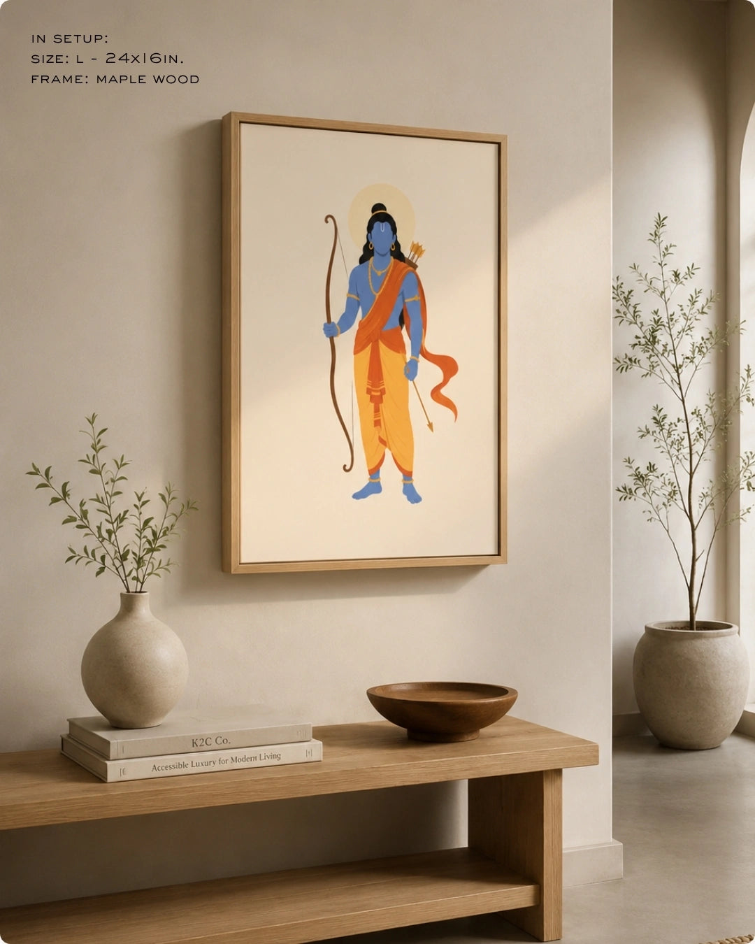 Lifestyle mockup of the minimalist Hindu deity Lord Rama wall art in a maple wood frame, hung above a clean wooden bench in a serene, contemporary entryway.
