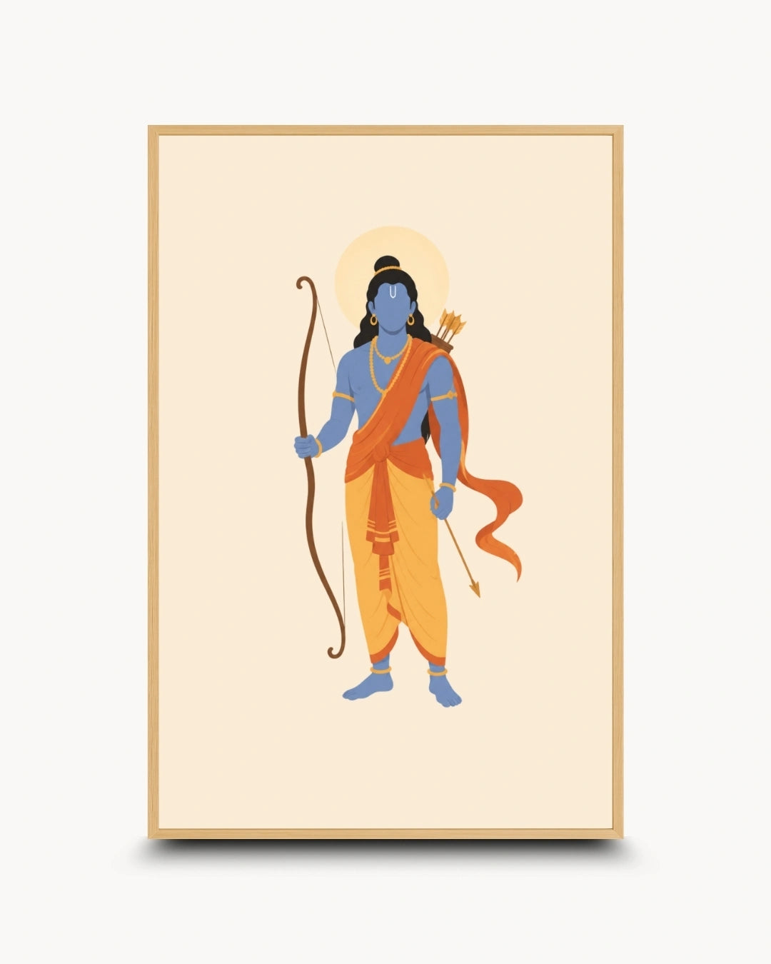 Minimalist illustration of the Hindu deity Lord Rama holding his bow, presented as a modern wall art piece in a light maple wood frame.