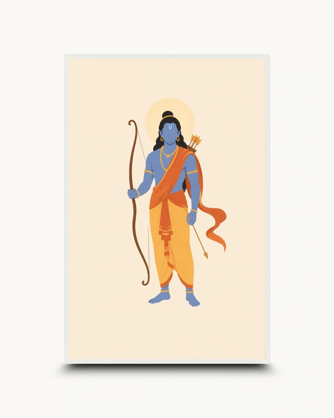 Minimalist illustration of the Hindu deity Lord Rama holding his bow, presented as a modern wall art piece in a clean moon white frame.