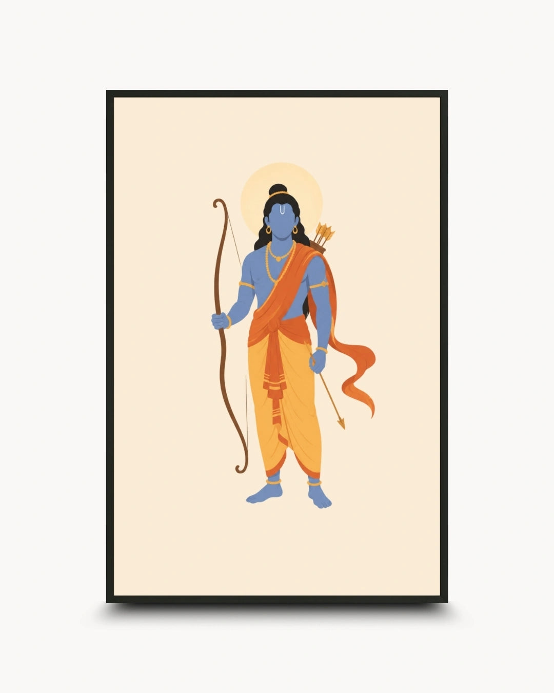 Minimalist illustration of the Hindu deity Lord Rama holding his bow, presented as a modern wall art piece in a sleek noir black frame.
