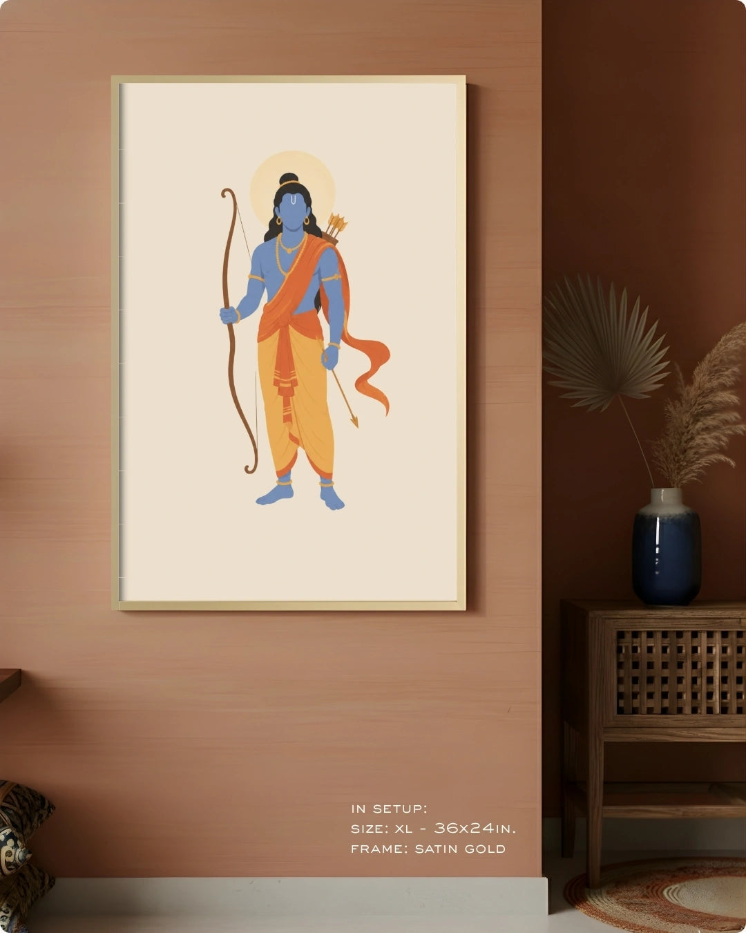Visual size guide mockup for the Hindu deity Lord Rama wall art in Extra Large size with a satin gold frame, displayed against a warm terracotta accent wall.