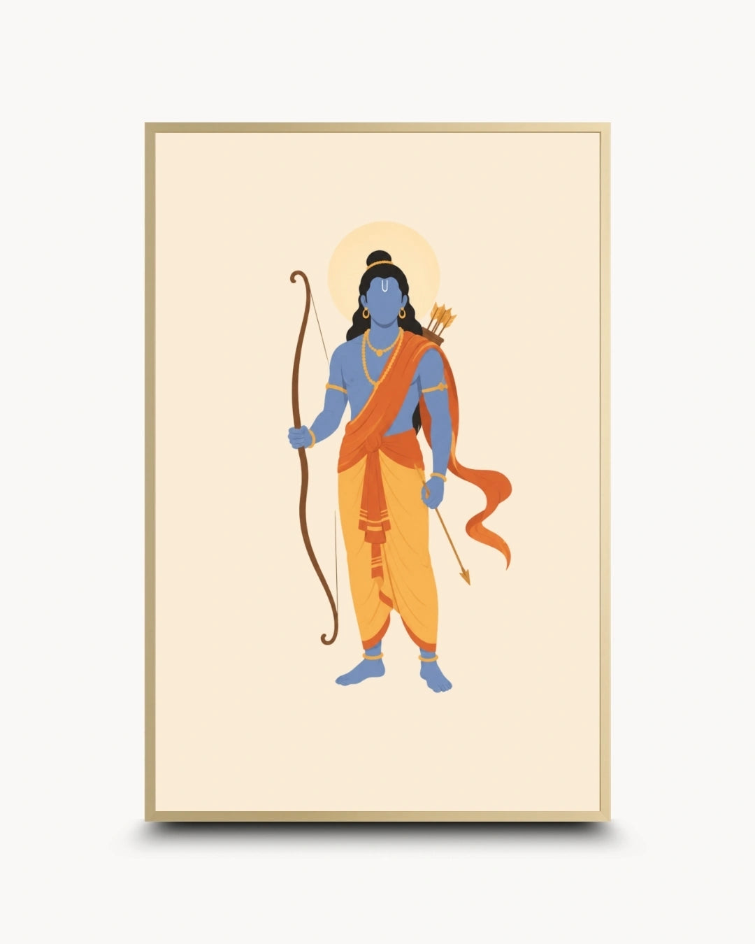 Minimalist illustration of the Hindu deity Lord Rama holding his bow, presented as a modern wall art piece in an elegant satin gold frame.