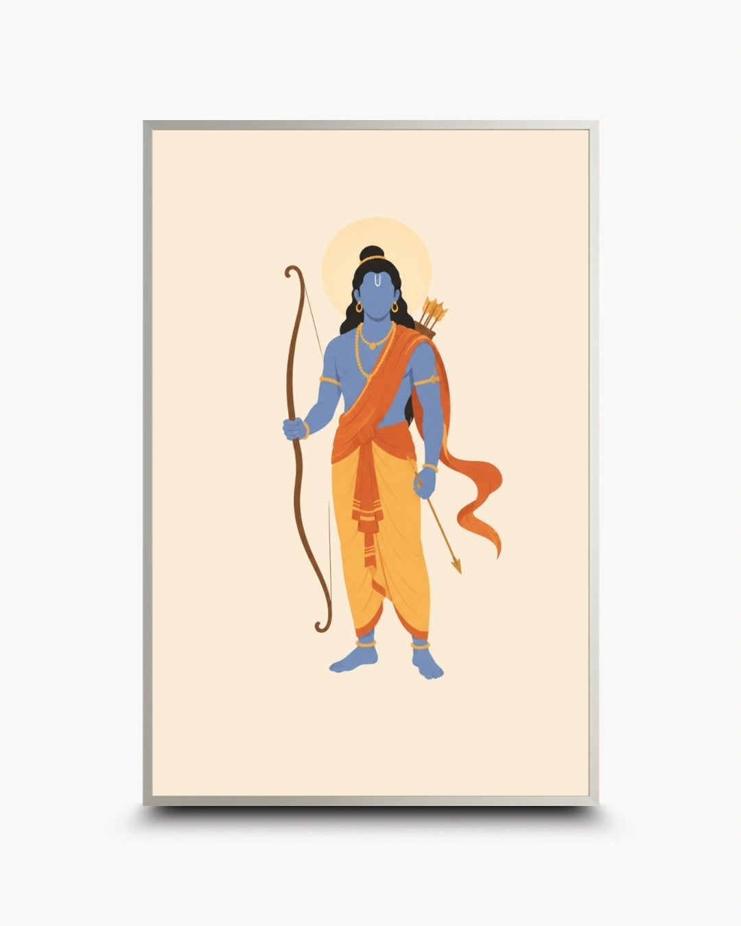 Minimalist illustration of the Hindu deity Lord Rama holding his bow, presented as a modern wall art piece in a modern satin silver frame.