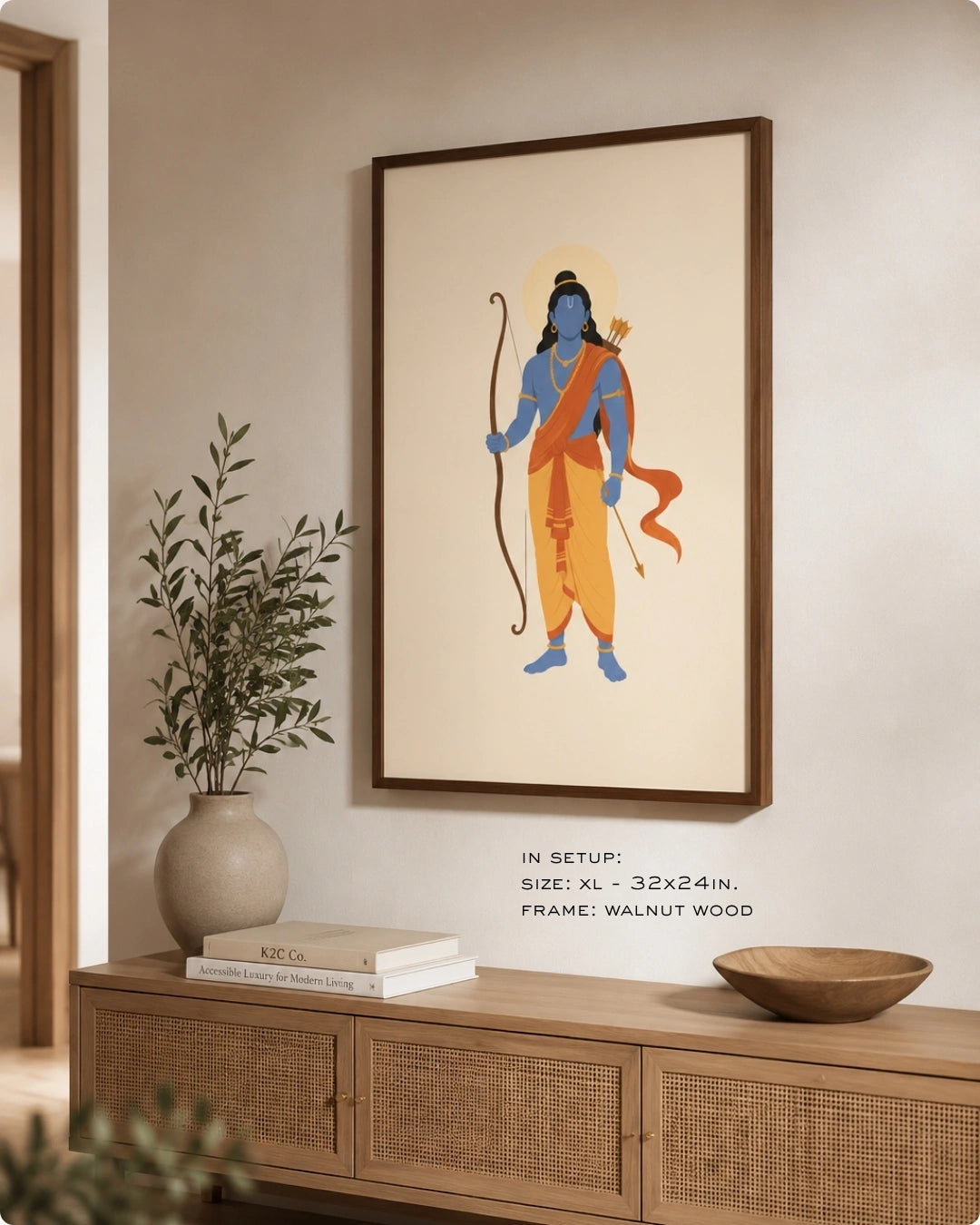 Lifestyle mockup of the minimalist Hindu deity Lord Rama wall art in a rich walnut wood frame, displayed over a woven rattan cabinet in a modern living space.