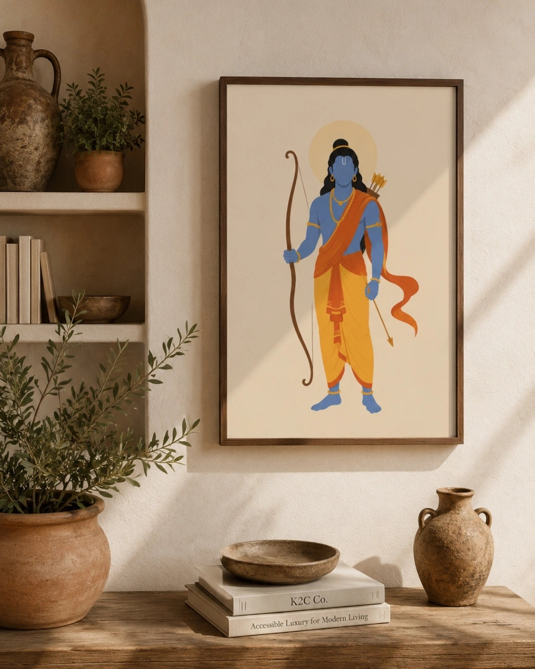 Lifestyle interior mockup of the Hindu deity Lord Rama wall art in a walnut wood frame, paired with wabi-sabi elements like dry botanical branches and textured pottery.