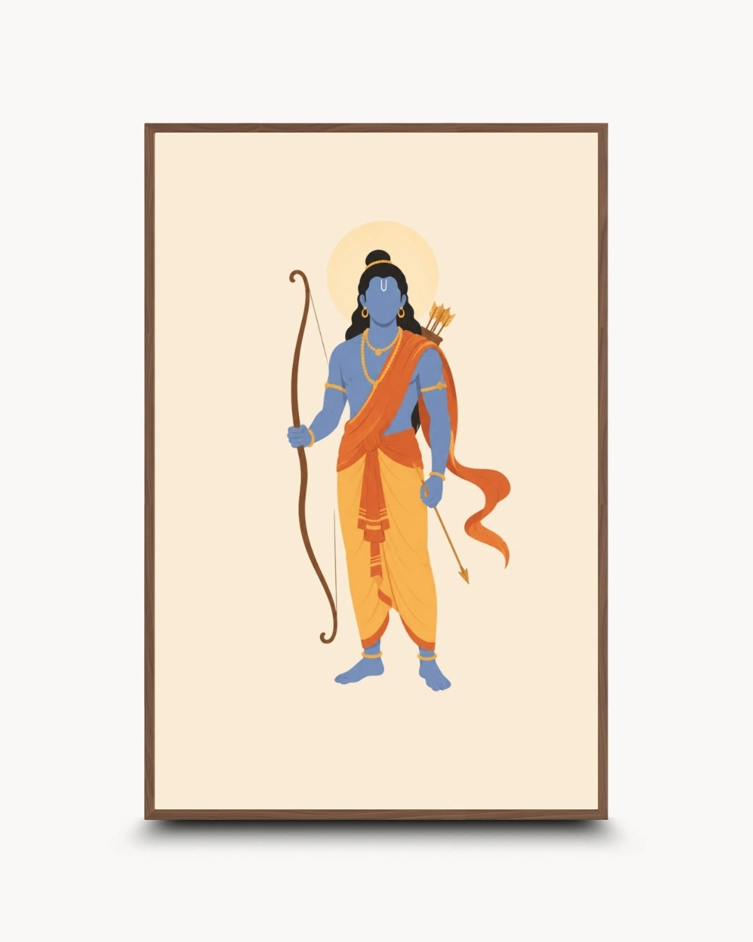 Minimalist illustration of the Hindu deity Lord Rama holding his bow, presented as a modern wall art piece in a rich walnut wood frame.
