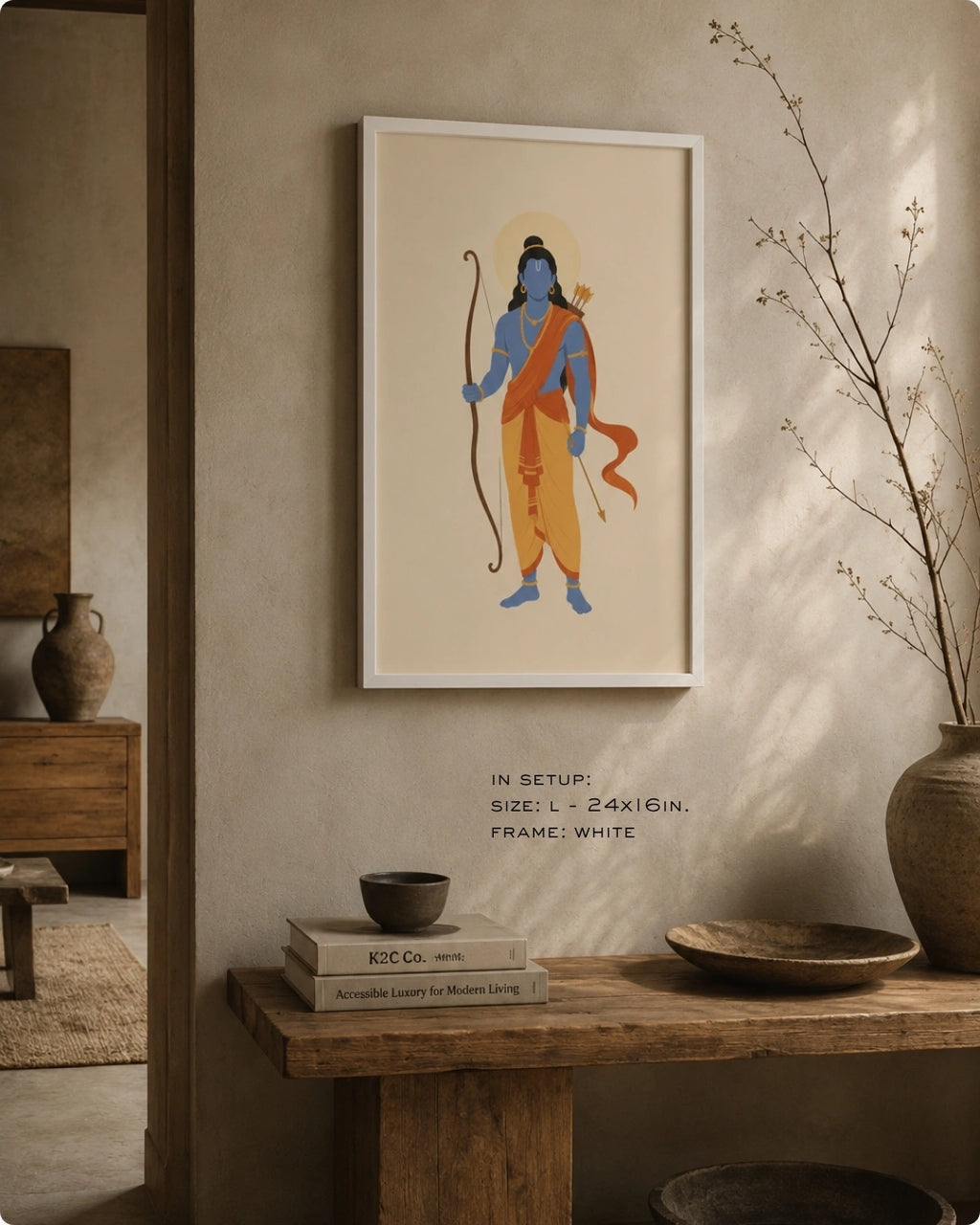 Lifestyle mockup of the minimalist Hindu deity Lord Rama wall art in a clean white frame, styled above a rustic Japandi console table.