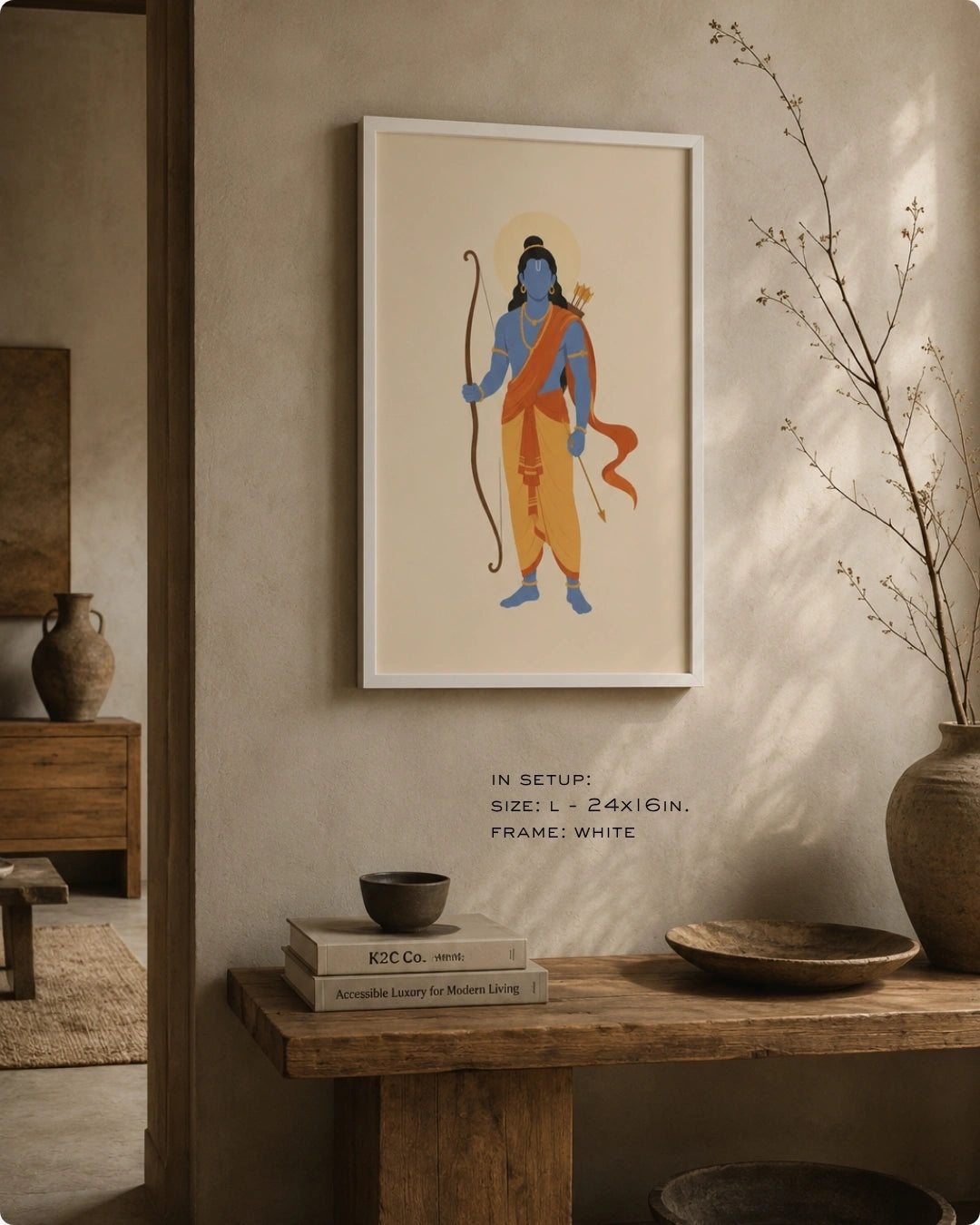 Lifestyle mockup of the minimalist Hindu deity Lord Rama wall art in a clean white frame, styled above a rustic Japandi console table.