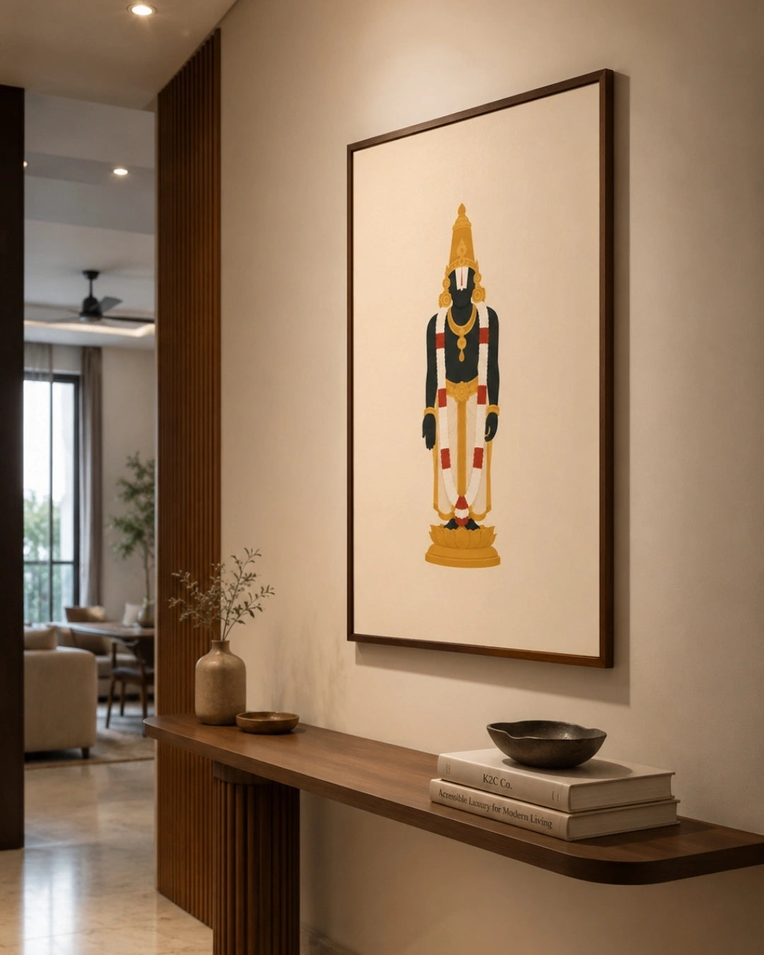 Lifestyle mockup of the minimalist Hindu deity Lord Venkateswara wall art in a sleek dark frame, perfectly centered above a clean minimalist console in a contemporary hallway.