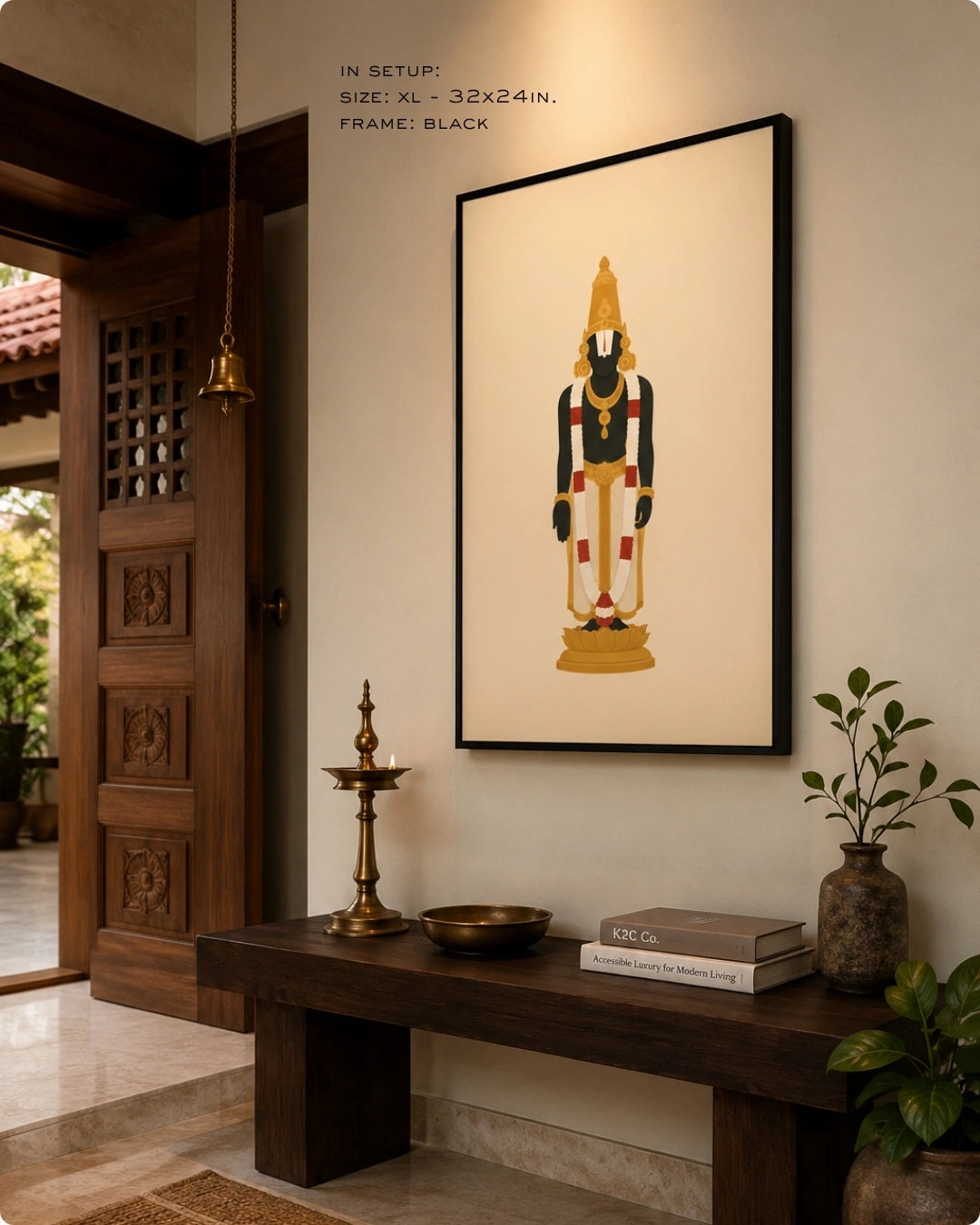 Lifestyle interior mockup of the Hindu deity Lord Venkateswara wall art in a sleek black frame, hung next to an ornate wooden doorway above a classic dark wood bench.