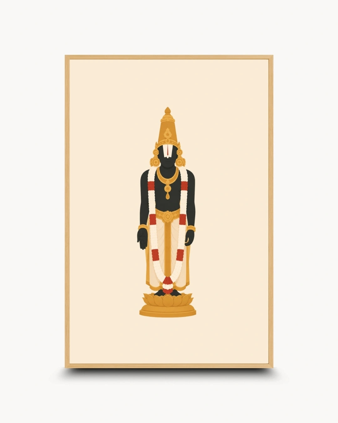 Minimalist illustration of the Hindu deity Lord Venkateswara, presented as a modern wall art piece in a light maple wood frame.