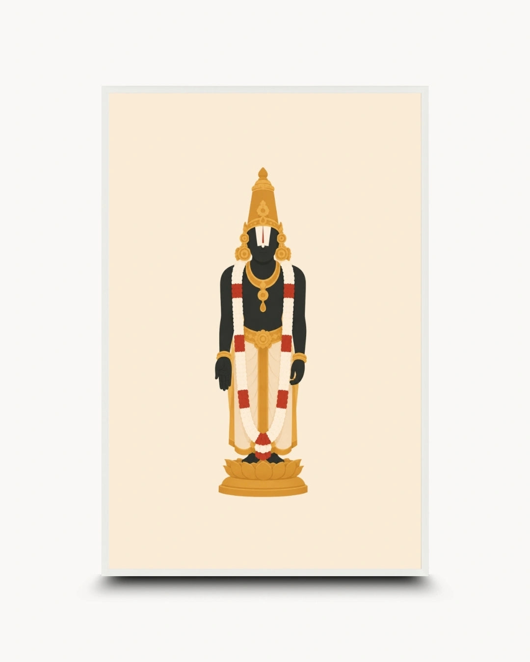 Minimalist illustration of the Hindu deity Lord Venkateswara, presented as a modern wall art piece in a clean moon white frame.