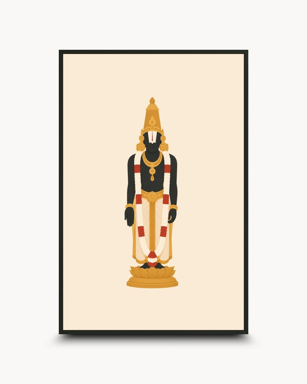 Minimalist illustration of the Hindu deity Lord Venkateswara, presented as a modern wall art piece in a sleek noir black frame.