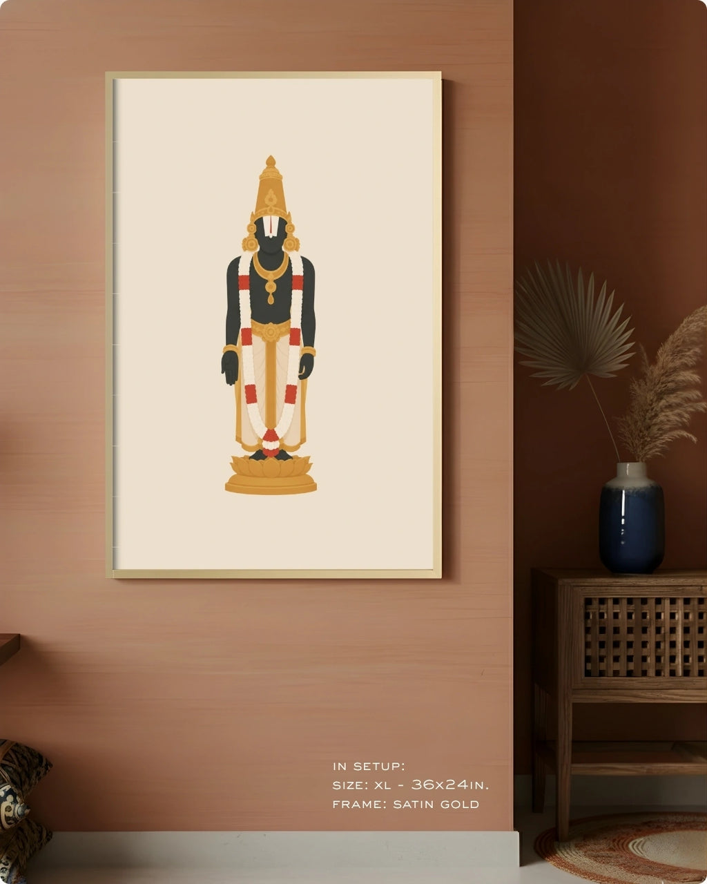 Visual size guide mockup for the Hindu deity Lord Venkateswara wall art in Extra Large size with a satin gold frame, displayed against a warm terracotta accent wall.