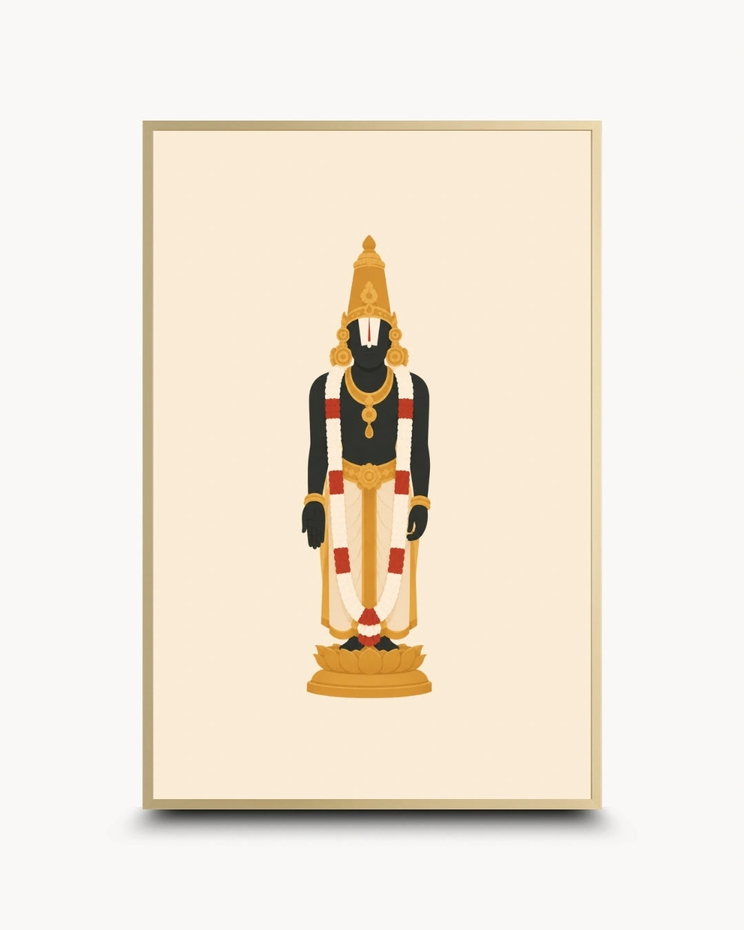 Minimalist illustration of the Hindu deity Lord Venkateswara, presented as a modern wall art piece in an elegant satin gold frame.