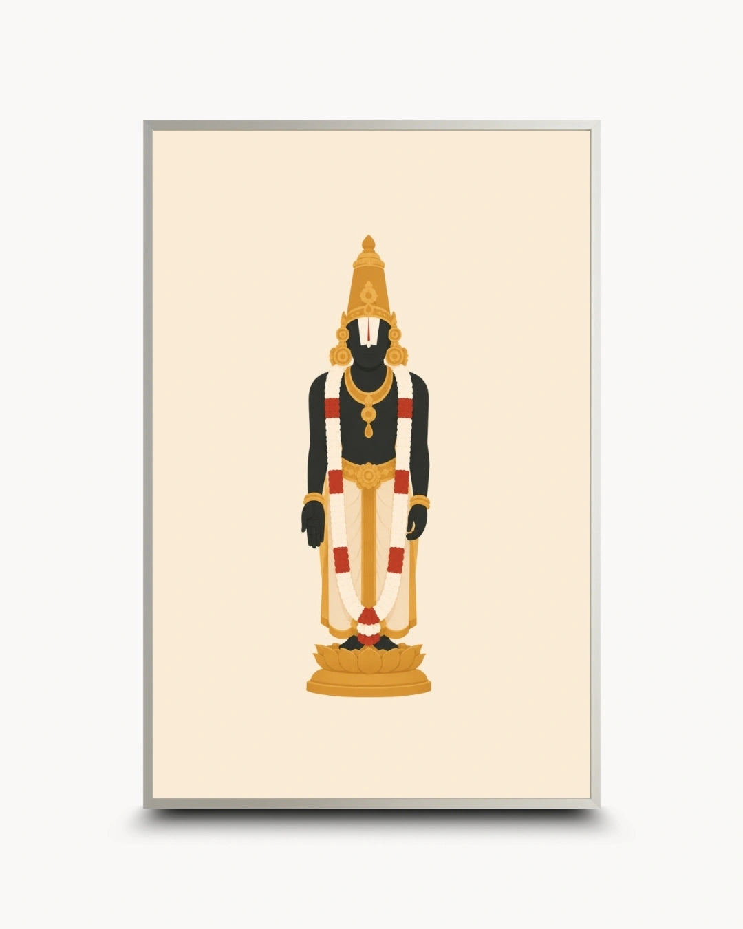 Minimalist illustration of the Hindu deity Lord Venkateswara, presented as a modern wall art piece in a modern satin silver frame.