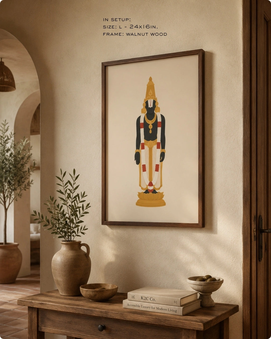 Lifestyle mockup of the minimalist Hindu deity Lord Venkateswara wall art in a rich walnut wood frame, styled above a rustic wooden bench with natural pottery in an arched hallway.