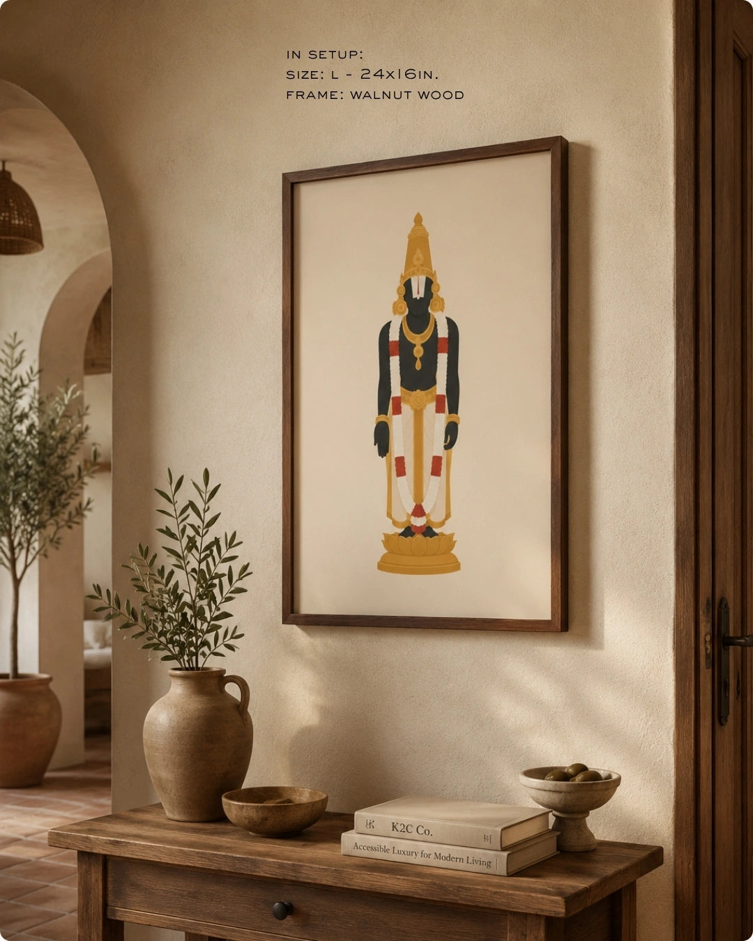 Lifestyle mockup of the minimalist Hindu deity Lord Venkateswara wall art in a rich walnut wood frame, styled above a rustic wooden bench with natural pottery in an arched hallway.