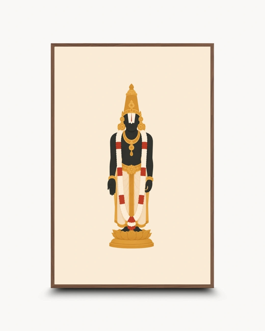 Minimalist illustration of the Hindu deity Lord Venkateswara, presented as a modern wall art piece in a rich walnut wood frame.