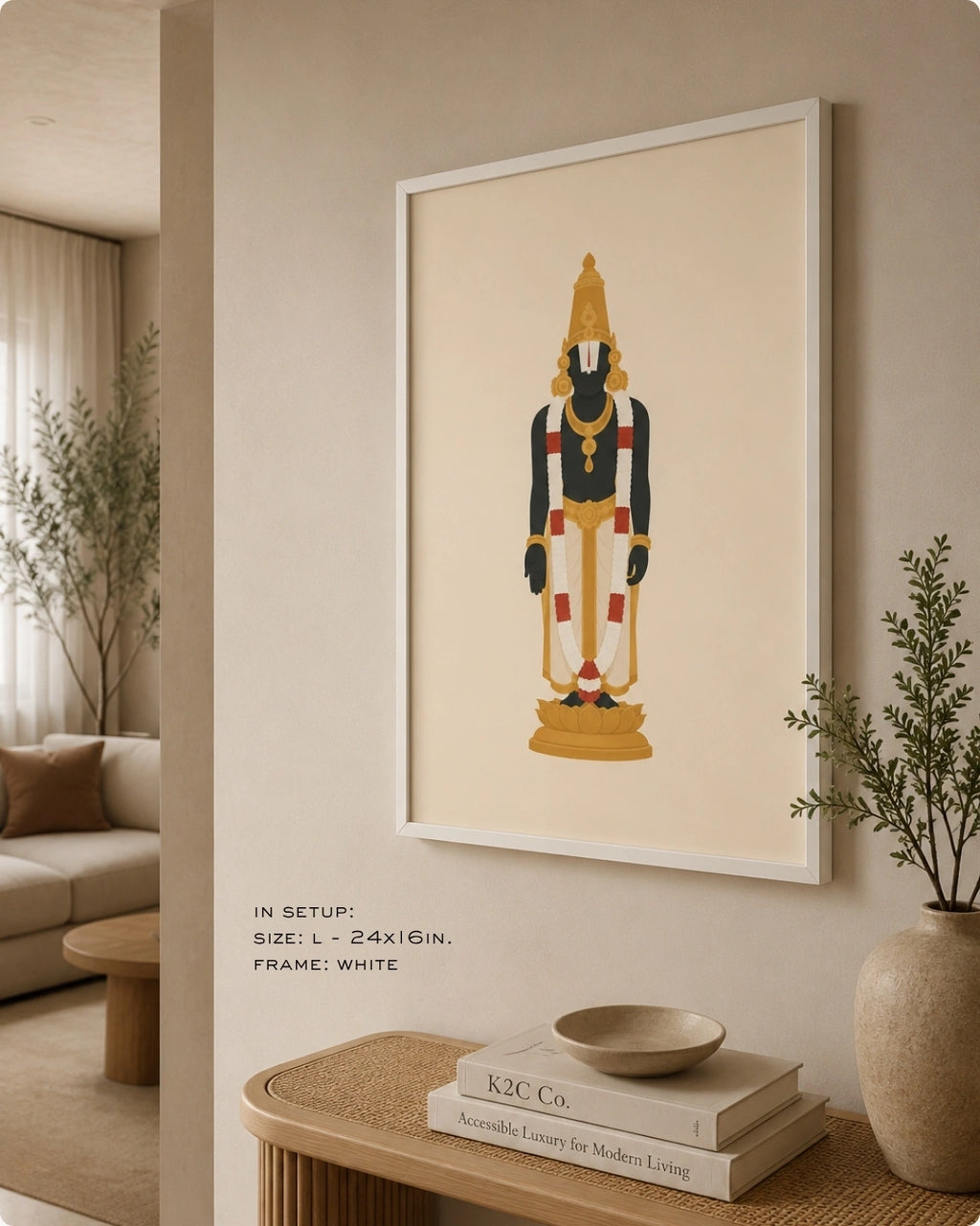Lifestyle mockup of the minimalist Hindu deity Lord Venkateswara wall art in a clean white frame, styled above a modern curved wooden bench in a bright, minimalist living space.