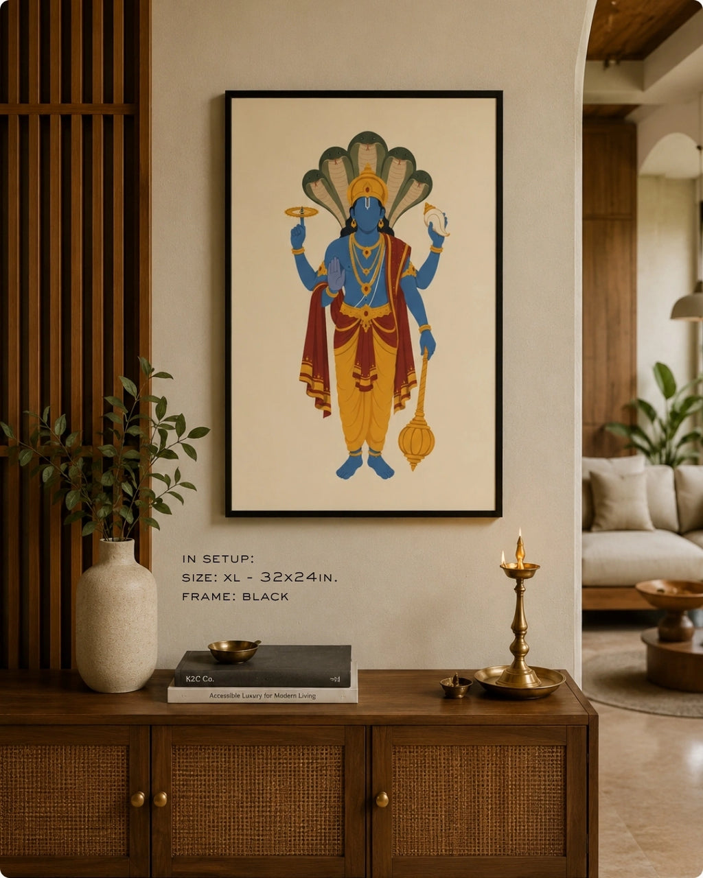 Lifestyle mockup of the minimalist Hindu deity Lord Vishnu wall art in a sleek black frame, hung above a modern dark wood cabinet with botanical accents.