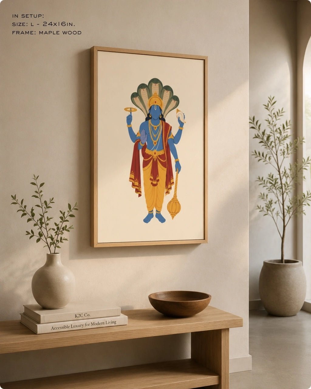 Lifestyle mockup of the minimalist Hindu deity Lord Vishnu wall art in a clean white frame, styled above a light wood Japandi bench.