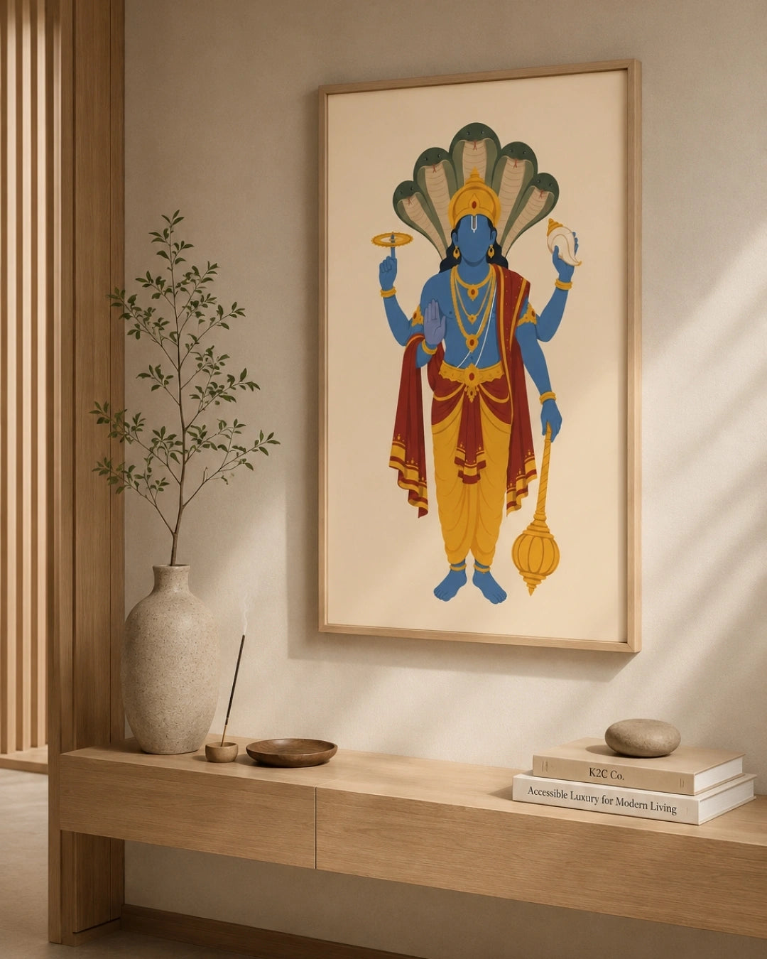 Lifestyle mockup of the minimalist Hindu deity Lord Vishnu wall art in a maple wood frame, displayed over a clean wooden bench.