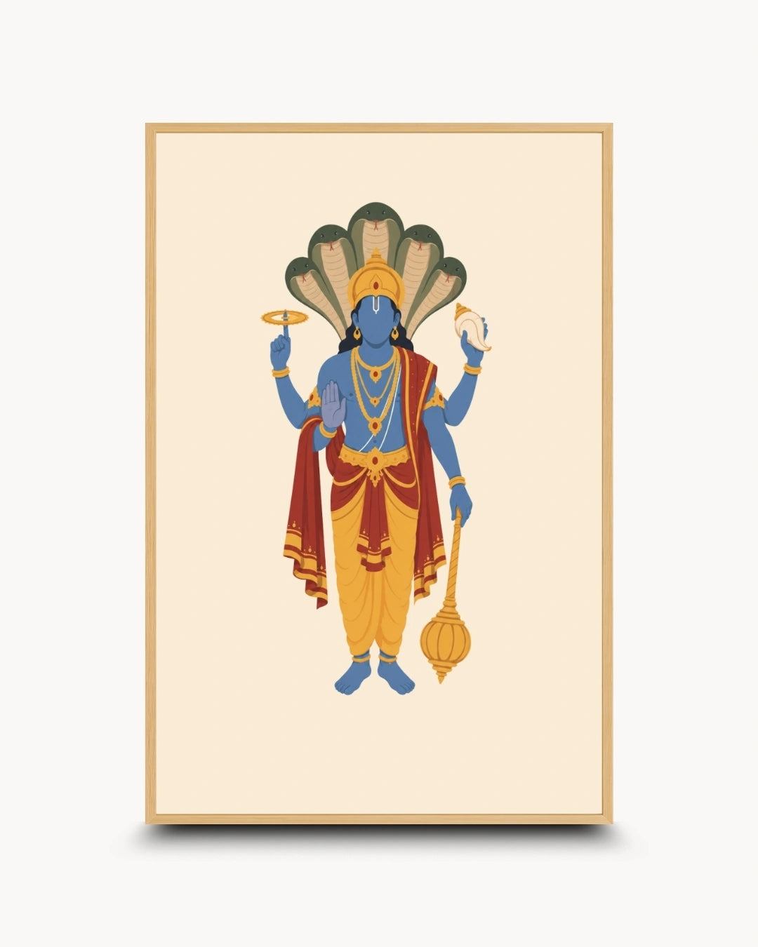 Minimalist illustration of the Hindu deity Lord Vishnu with Sheshnag, presented as a modern wall art piece in a light maple wood frame.