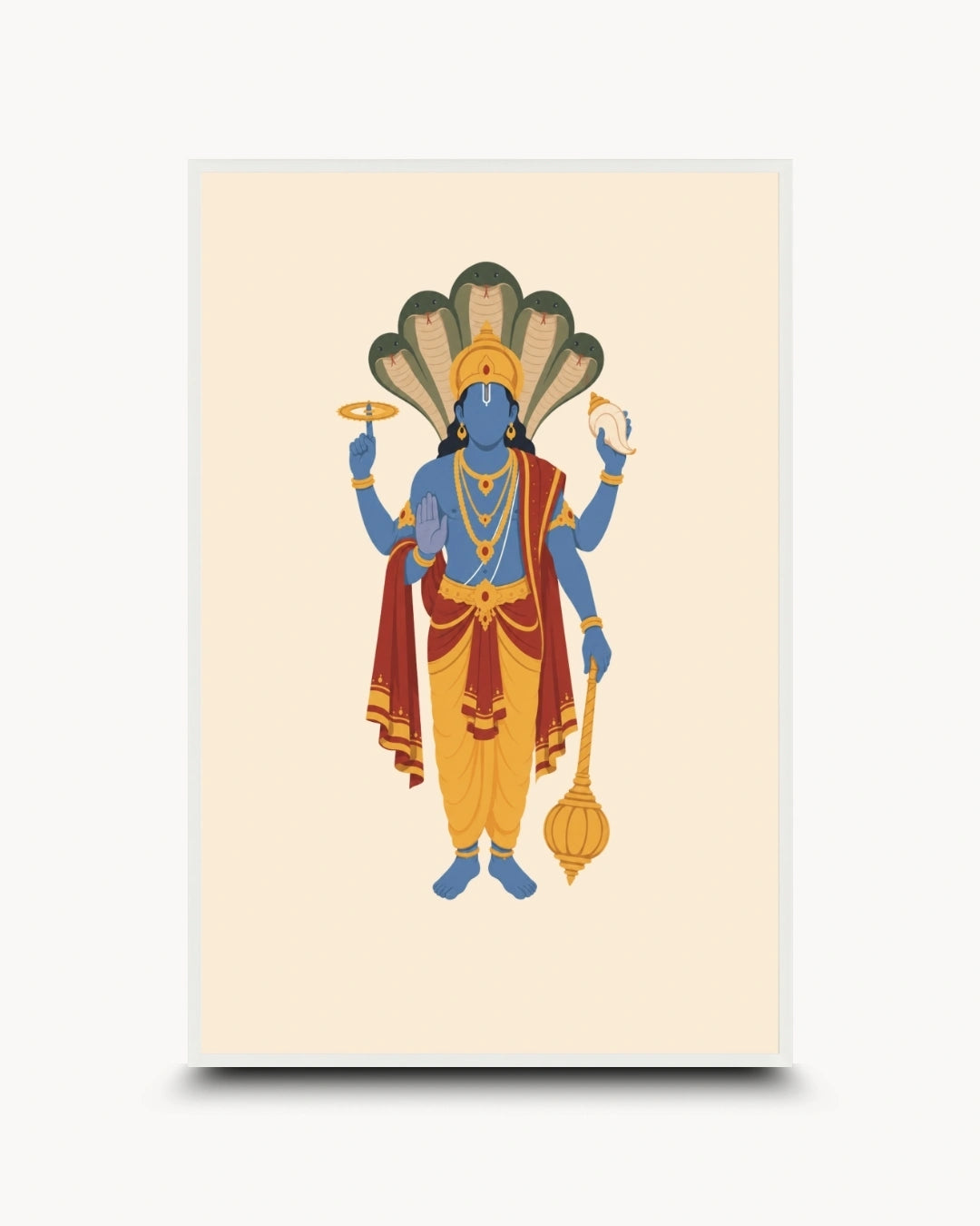Minimalist illustration of the Hindu deity Lord Vishnu with Sheshnag, presented as a modern wall art piece in a clean moon white frame.
