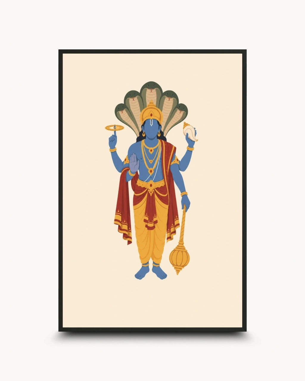 Minimalist illustration of the Hindu deity Lord Vishnu with Sheshnag, presented as a modern wall art piece in a sleek noir black frame.