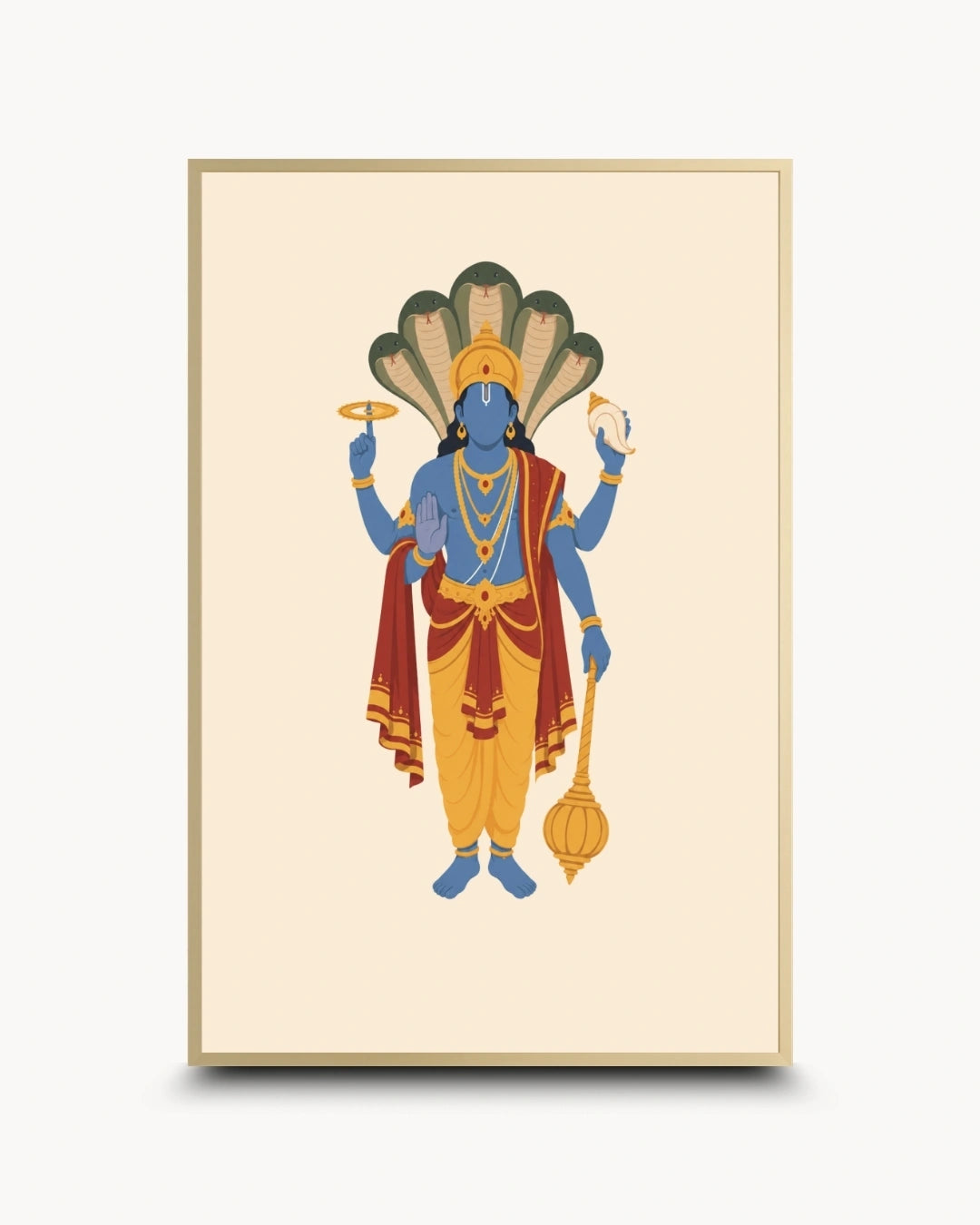 Minimalist illustration of the Hindu deity Lord Vishnu with Sheshnag, presented as a modern wall art piece in an elegant satin gold frame.