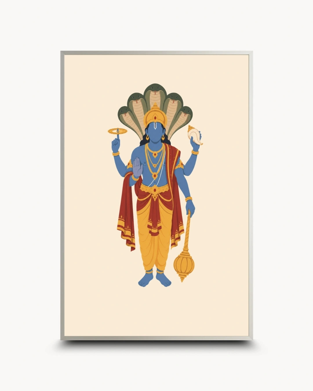 Minimalist illustration of the Hindu deity Lord Vishnu with Sheshnag, presented as a modern wall art piece in a modern satin silver frame.
