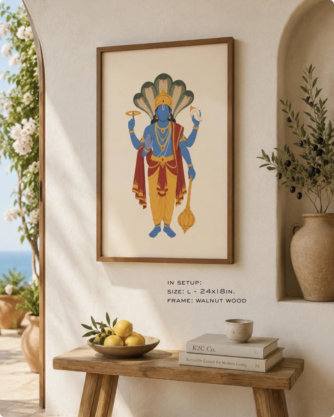 Lifestyle mockup of the minimalist Hindu deity Lord Vishnu wall art in a rich walnut wood frame, styled above a wooden bench in a bright, contemporary entryway.