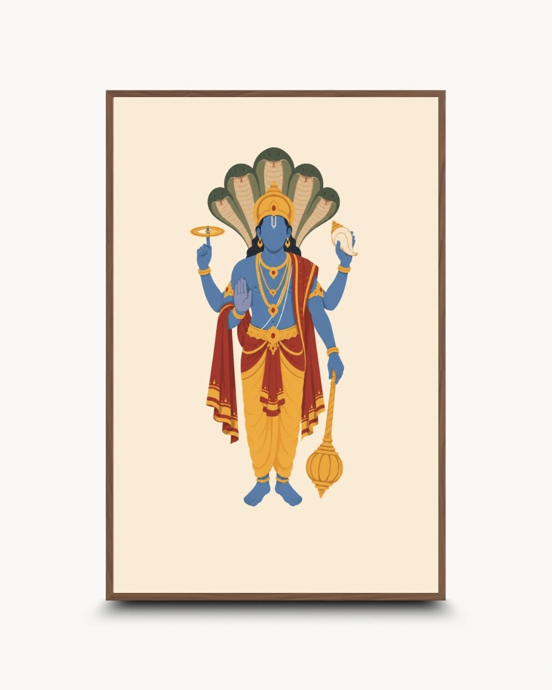 Minimalist illustration of the Hindu deity Lord Vishnu with Sheshnag, presented as a modern wall art piece in a rich walnut wood frame.