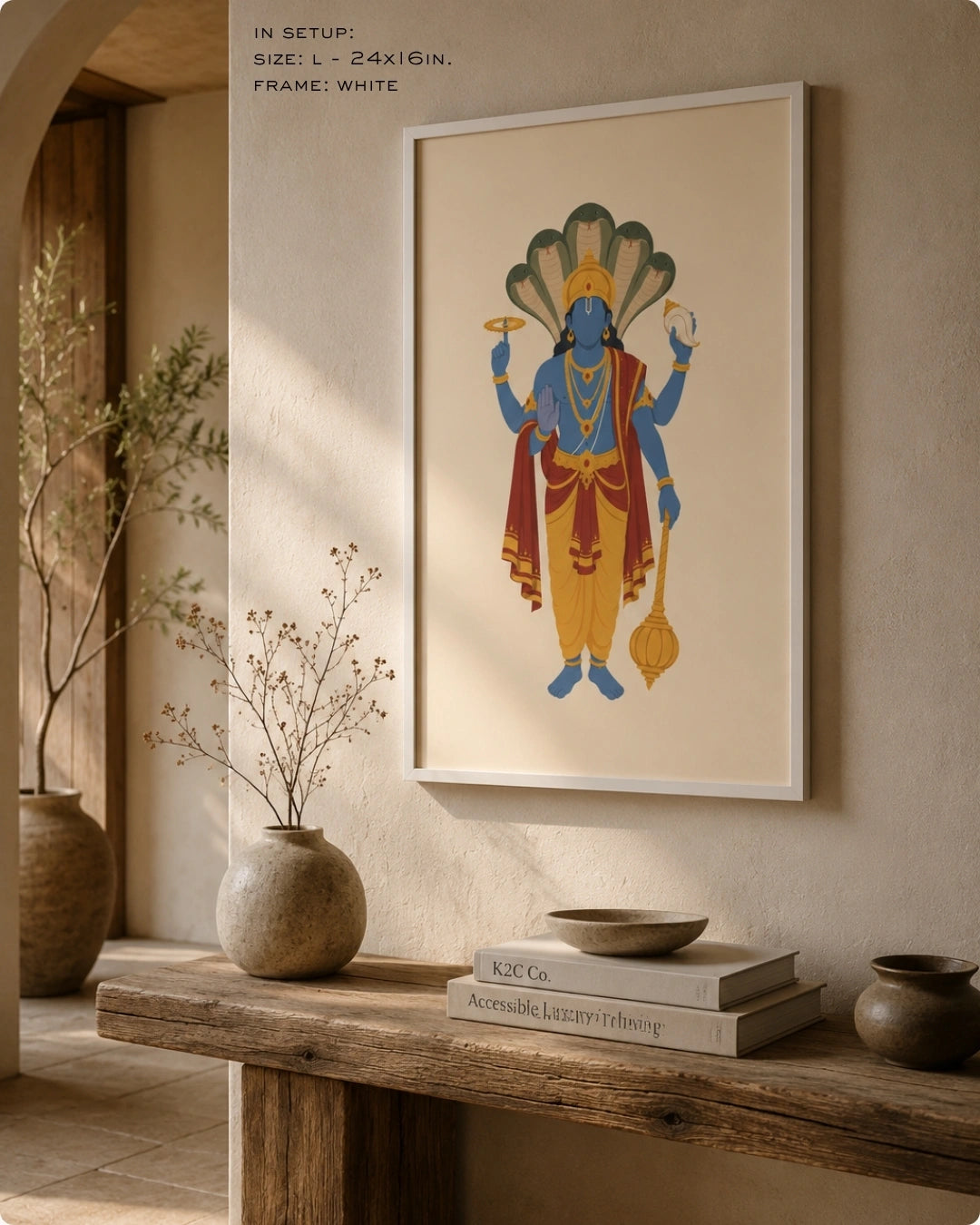 Lifestyle mockup of the minimalist Hindu deity Lord Vishnu wall art in a white frame, displayed over a rustic wooden console table in a serene space.