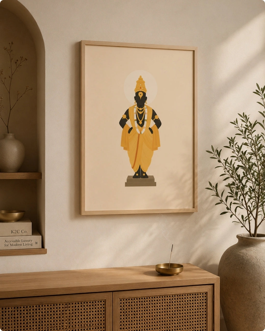 Lifestyle mockup of the Lord Vitthal wall art in a light maple wood frame displayed next to a decorative arched niche over a woven rattan cabinet.