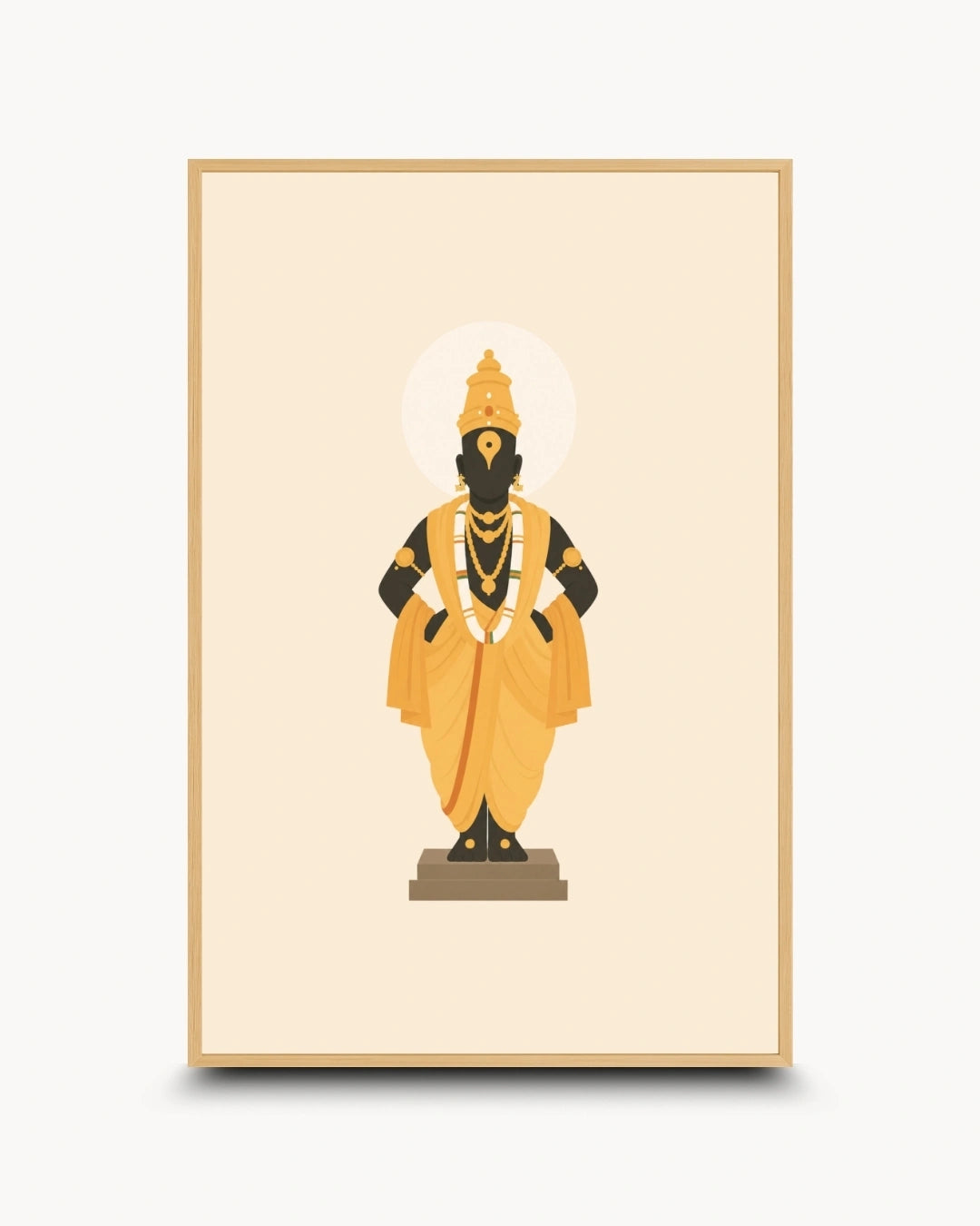 Minimalist illustration of Lord Vitthal standing gracefully presented as a modern wall art piece in a light maple wood frame.