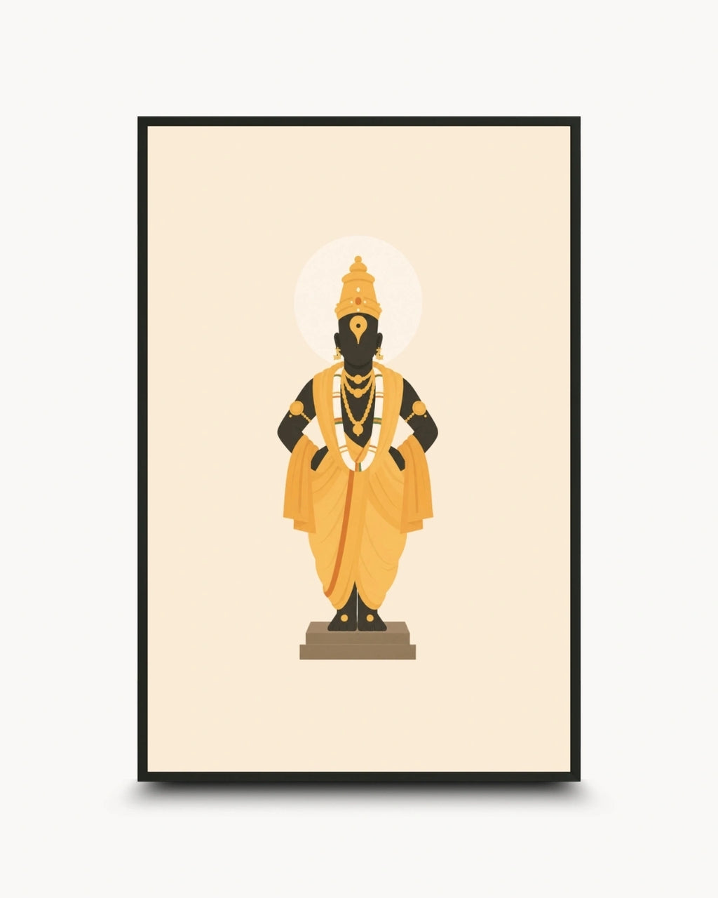 Minimalist illustration of Lord Vitthal standing gracefully presented as a modern wall art piece in a sleek noir black frame.