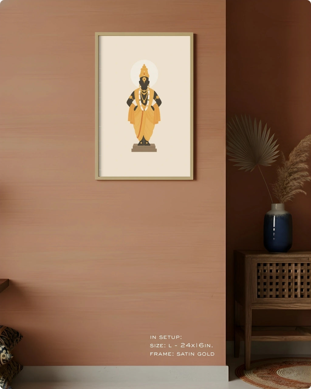 Visual size guide mockup for the Lord Vitthal wall art in Large size with a satin gold frame displayed against a warm terracotta accent wall.