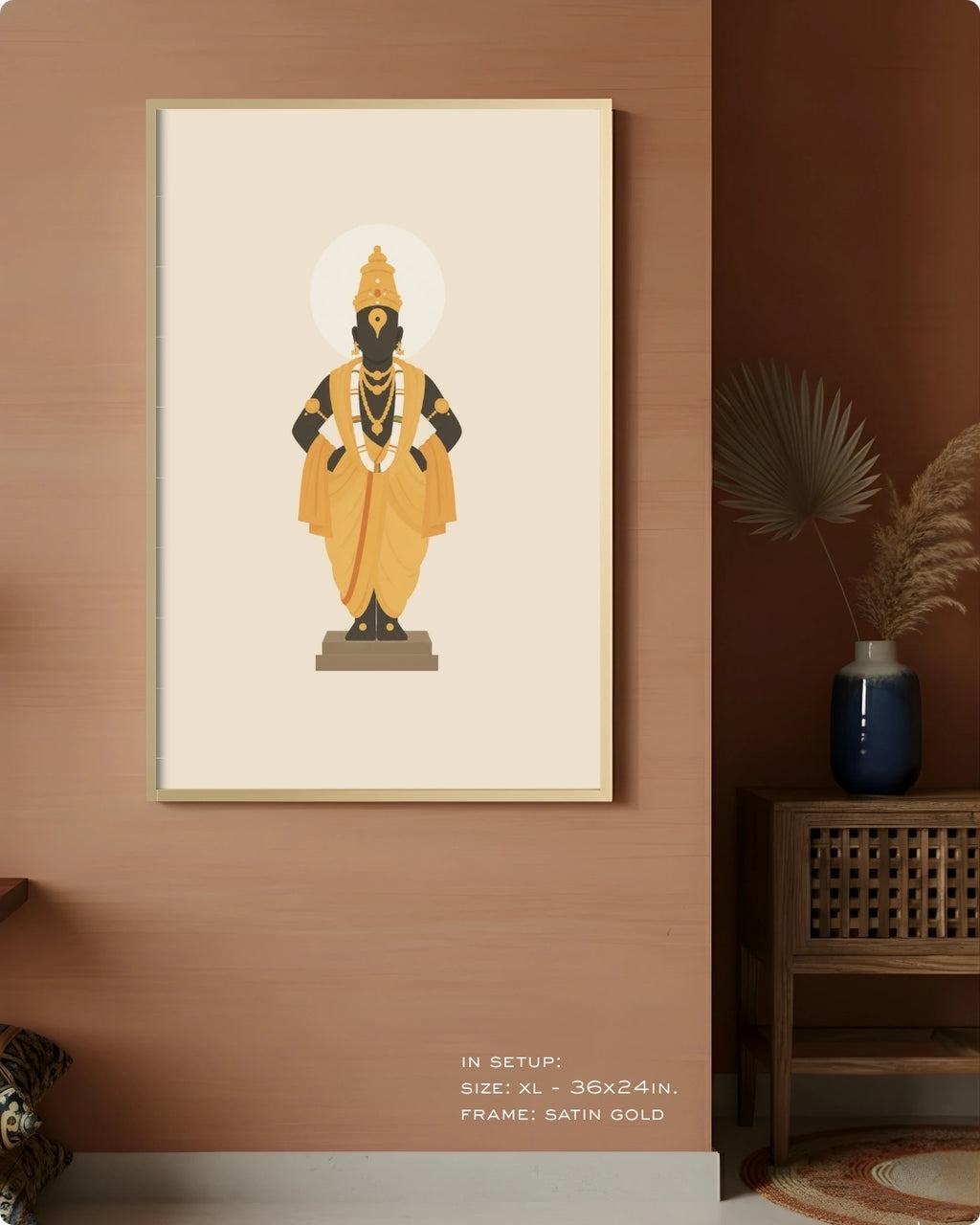 Visual size guide mockup for the Lord Vitthal wall art in Extra Large size with a satin gold frame displayed against a warm terracotta accent wall.