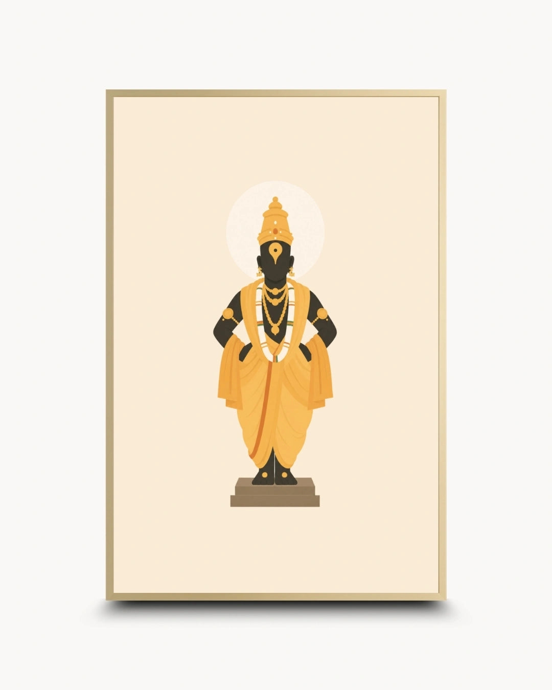 Minimalist illustration of Lord Vitthal standing gracefully presented as a modern wall art piece in an elegant satin gold frame.