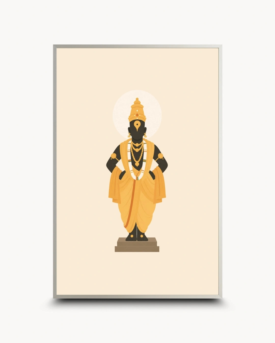 Minimalist illustration of Lord Vitthal standing gracefully presented as a modern wall art piece in a modern satin silver frame.