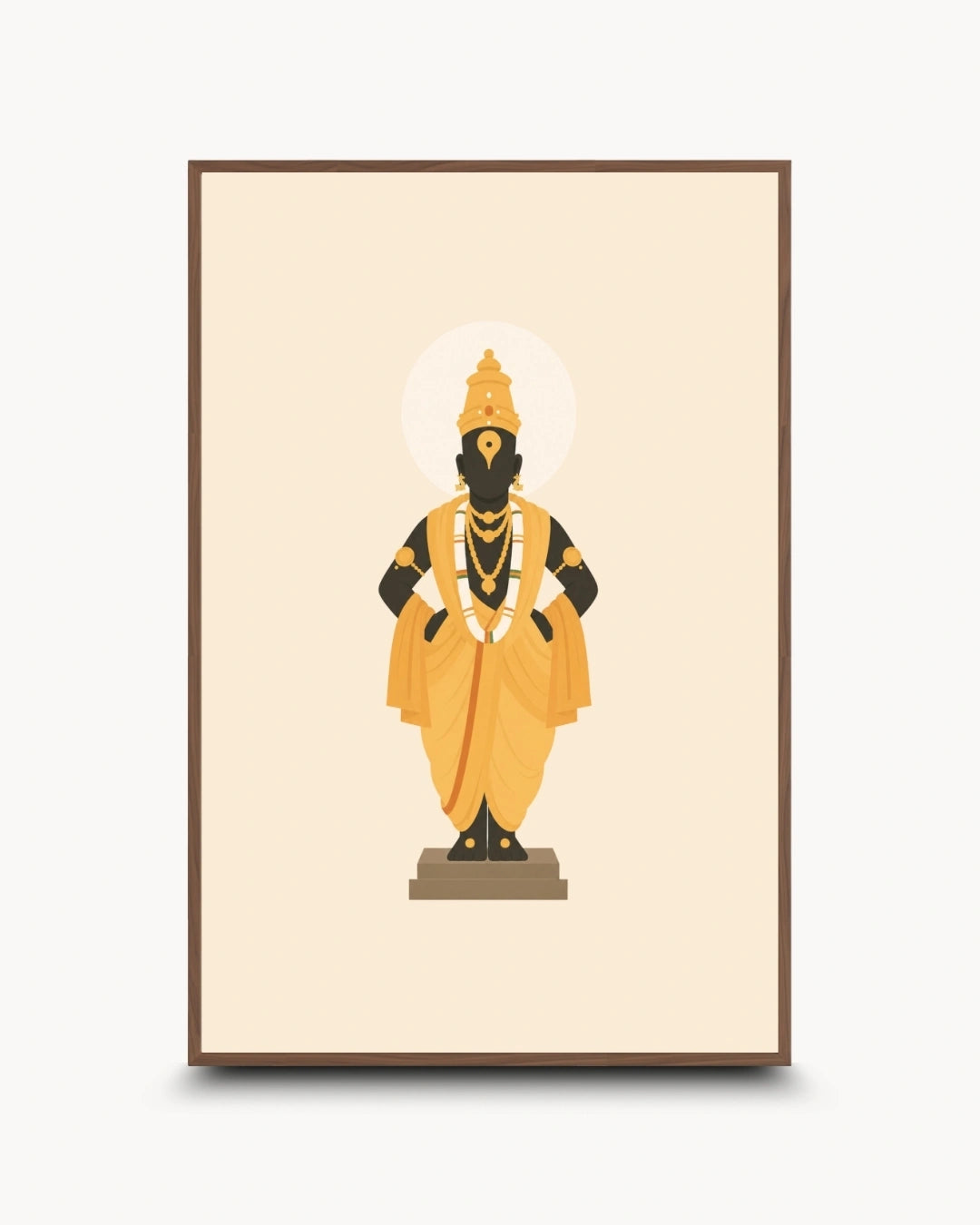Minimalist illustration of Lord Vitthal standing gracefully presented as a modern wall art piece in a rich walnut wood frame.