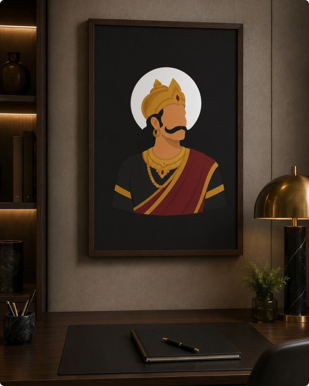 A framed art print featuring a stylized illustration of Raavana in gold and maroon, displayed on a dark wall above a desk with a lamp and notebook.