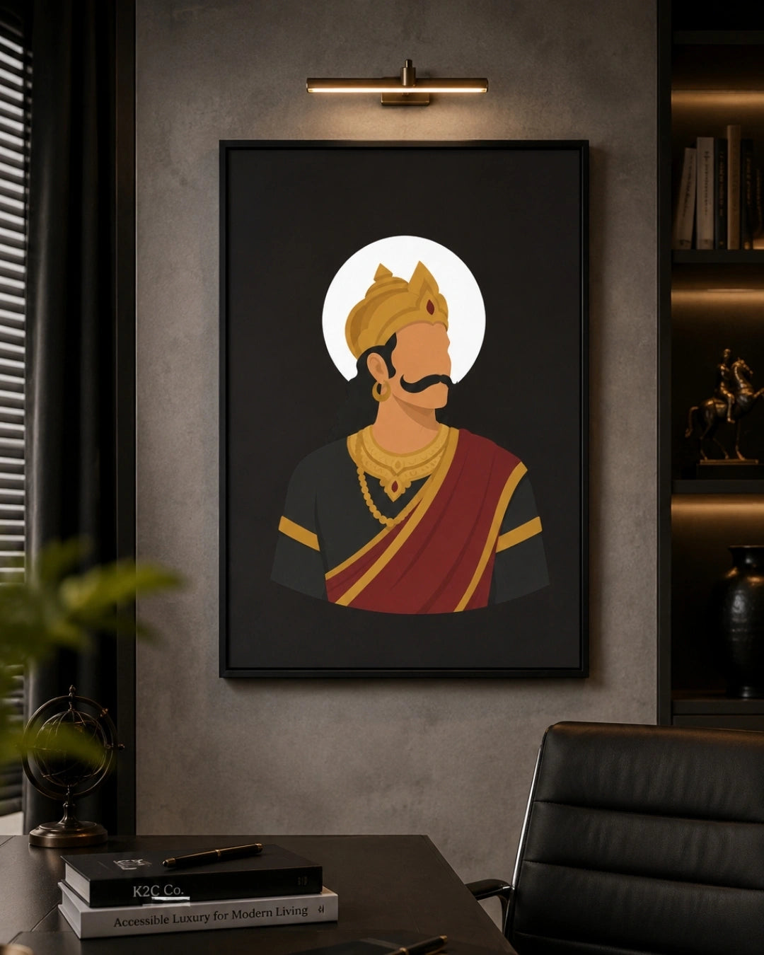 A framed vertical art print featuring a stylized portrait of Raavana in gold and maroon, displayed on a textured gray wall in a modern office setting.