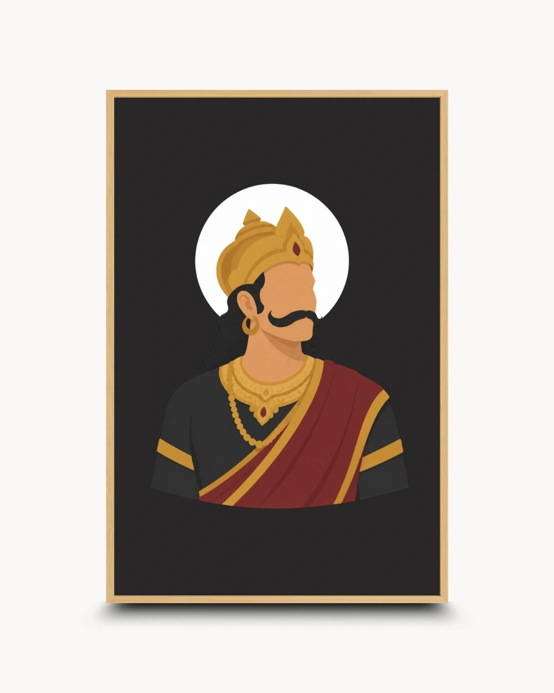 A framed art print featuring a stylized vector illustration of Raavana in traditional Indian attire, including a gold turban, gold necklace, and a maroon drape with gold stripes, set against a black background with a white circular halo behind his head.